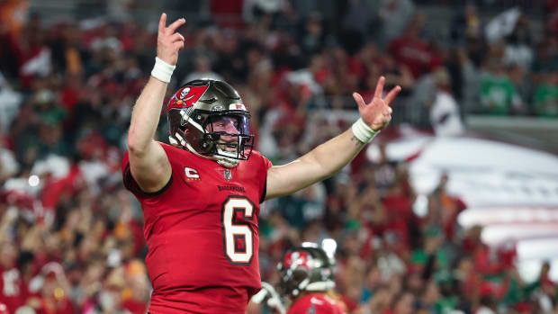 Jan 15, 2024; Tampa, Florida, USA; Tampa Bay Buccaneers quarterback Baker Mayfield (6) celebrates a touchdown against the Philadelphia Eagles during the first half of a 2024 NFC wild card game at Raymond James Stadium. Mandatory Credit: Kim Klement Neitzel-USA TODAY Sports